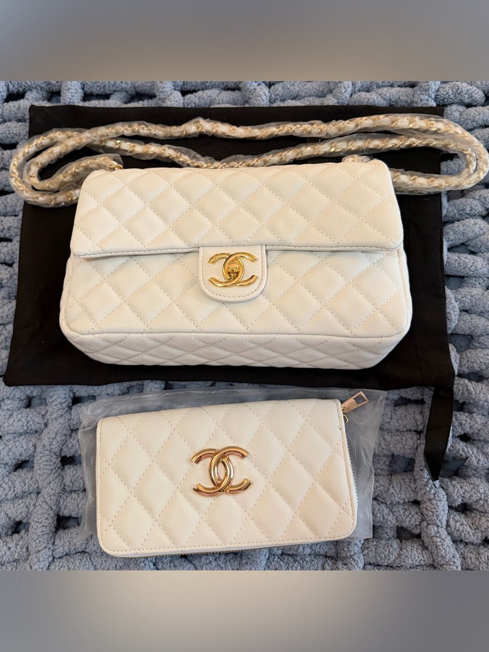 Cream Quilted Crossbody Bag with Gold Hardware and Matching Wallet